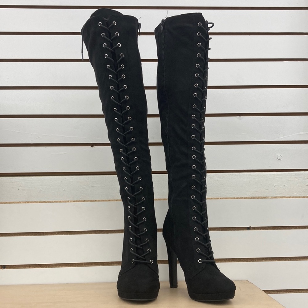 New Women’s black knee high platform lace up zip up high heel boots